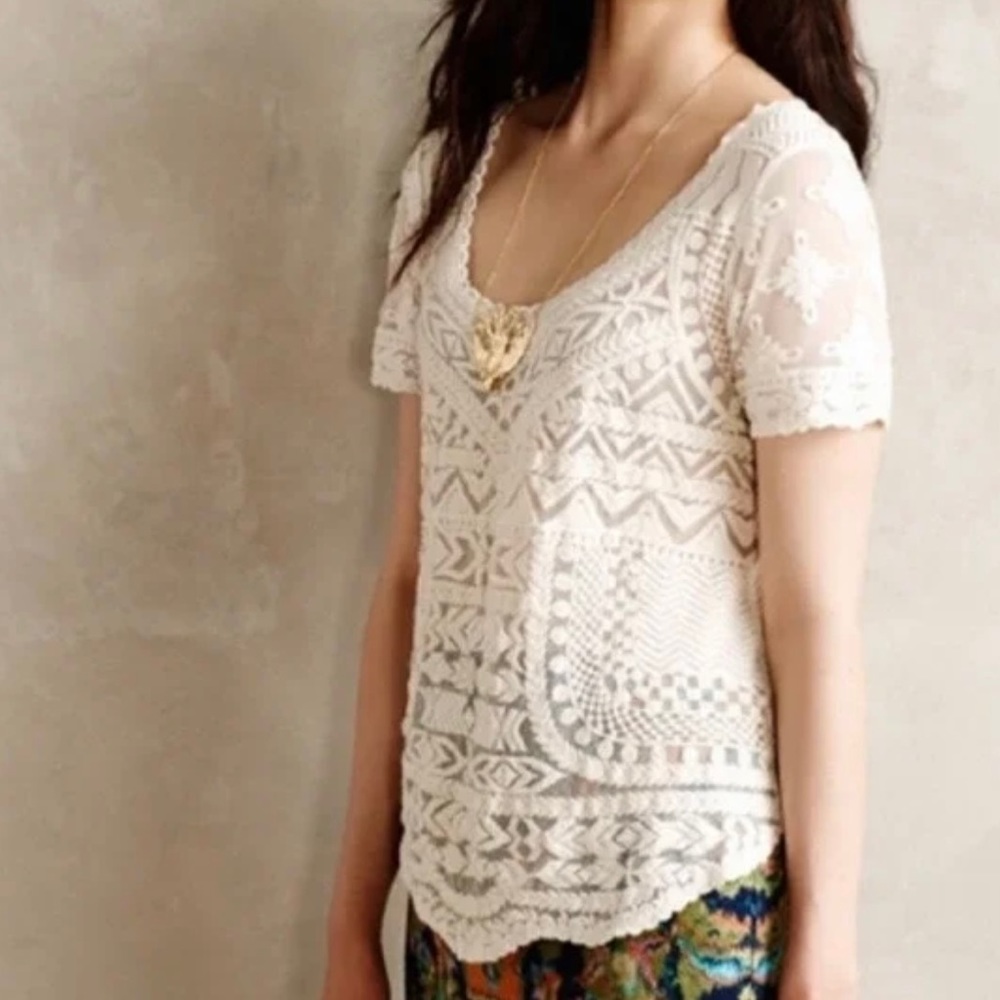 Anthro Meadow Rue Embroidered Mesh Cream Lace Top SZ- S